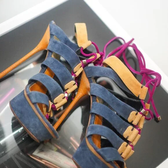 DSQUARED2 SS2012 Ankle Wrap Blue/Fuchsia Suede Platform Sandals - Picture 3 of 8